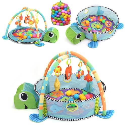 YORKING 3 in 1 Schildkröte Spieldecke Baby Spielmatte mit Spielbögen Bälle Bällebad Krabbeldecke Erlebnisdecke Spieldecke Lernmatte Babyspielzeug