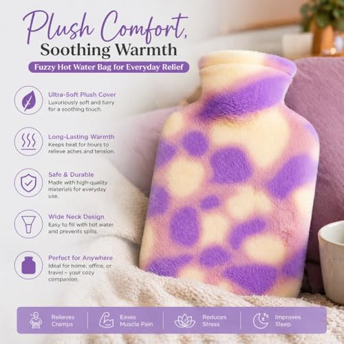 Image of Hot Water Bag with Soft Plush Cover 1000ml Medical Grade Silicone Hot Water Bottle for Period Cramps, Back Pain Relief, Hot & Cold Therapy, Muscle Aches & Full Body Relaxation Heating Pad (Lavender)