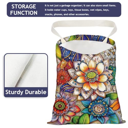 Image of Lotus Mandala Car Trash Bag Hanging Car Garbage Bag With Snap Buttons Cute Car Back Seat Trash Bag Portable Garbage Can for Car Interior Hanging Car Accessories Travel Camping