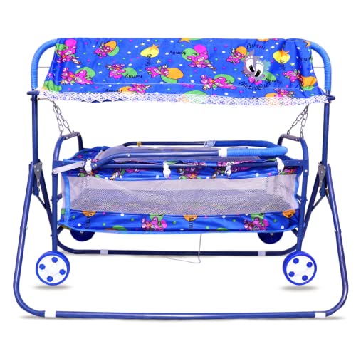 Image of AVANI METROBUZZ Beautiful Printed Lightweight Baby Swing Cradle Cot and Stroller /Jhula with Mosquito Net AM21 (Color - Blue)