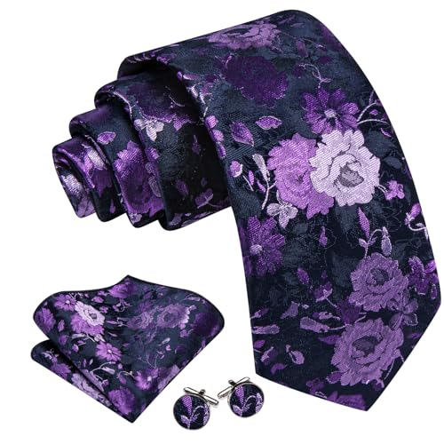 Image of Barry.Wang Flower Ties for Men Handkerchief Cufflinks Set Wedding Necktie Set Party