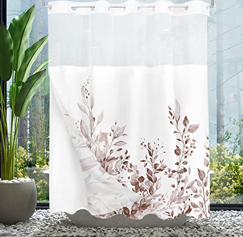 Tititex No Hooks Snap in Liner Rosybrown Eucalyptus Leaves Shower Curtain Sets, Hotel Luxury Double Layers Waterproof Fabric & See-Through Top Window Bathroom Decorative 72x72 Inch