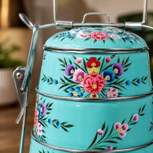 Image of iHandikart Handpainted Decorative Lunch Box Tiffin | Multiple Tier Stainless Steel Food Box | Designer Indian Print Tiffin for School | Diwali Gift, Navratri Gift (Color - Multicolor)
