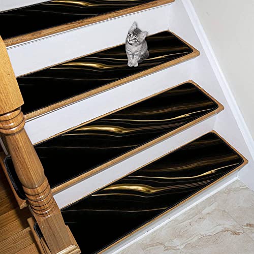 Jsdgfytier Marble Texture Wall Surface Black Gold Ink Graphic Granite Abstract Stair Treads Carpet Runners Non Slip Self Adhesive Safety 30Inx8Inx0.3In-13Pcs #TOP2