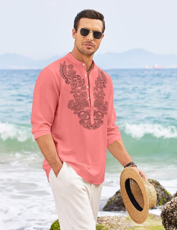 Image of FINIVO FASHION Men's Cotton Blend Short Kurta with Full Sleeves and Ethnic Neck Design | Casual Crinkle Texture Kurta with Mandarin Collar