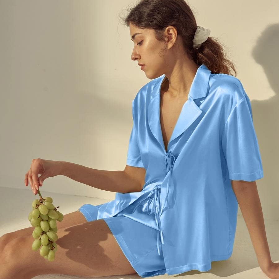 CHYRII Women's Silk Satin Pajamas Sets Tie Front Short Sleeve Tops and Shorts Two Piece Pj Sets Sleepwear - Image 3