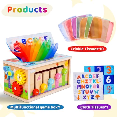 Montessori Baby Wooden Tissue Box Toy 6-in-1 Sensory Tissue Box Toy for Babies 36+ Months Developmental Toys for Babies, Gift for Babies 36+ Months