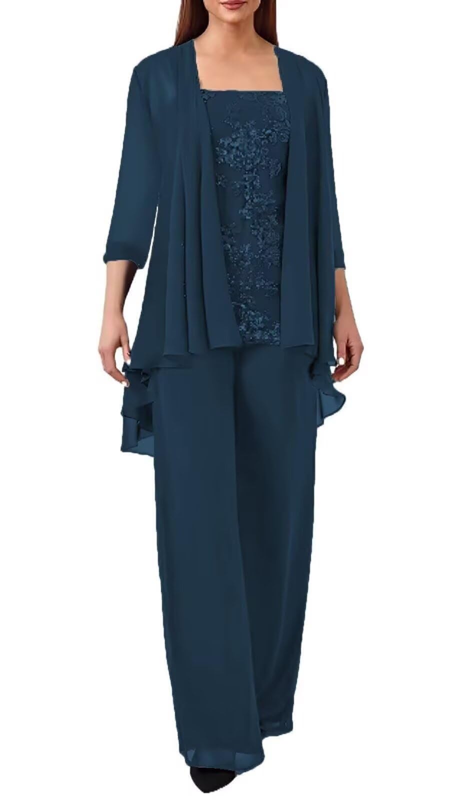 3 Pcs Mother of The Bride Pant Suits for Wedding Chiffon Sparkly Sequins Lace Appliques Womens Outfits