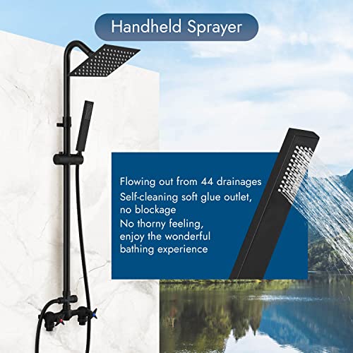 Cinwiny Wall Mounted Outdoor Shower System Matte Black 6" Square Rainfall Shower Head With Hand Held Spray Double Cross Handles With Adjustable Slide Bar Two Function Exposed Shower Kit #TOP7