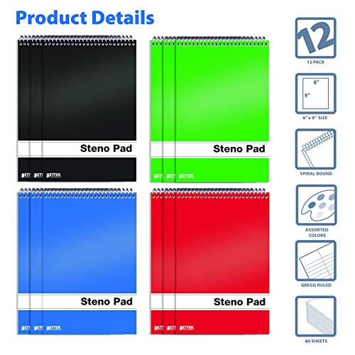 Better Office Products Spiral Steno Pads, 12 Pack, 6 X 9 Inches, 80 Sheets, White Paper, Gregg Rule, Assorted Solid Colors (Red, Black, Blue, Green), 12 Steno Notebooks #TOP2