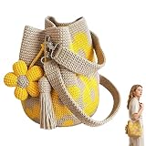 Kryilut Handmade Crochet Flower Tote, Crochet Tote Bag for Women, Knit Floral Purse Bag with Cute Flower&Tassel Charm, Boho Floral Woven Beach Bags for Shopping, Beach, Travel, Daily Use (Yellow)