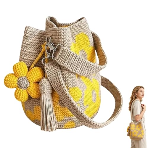 Kryilut Handgehäkelte Blumentasche Handmade Crochet Flower Tote Häkeltasche für Damen Gestrickte Handtasche mit Blumenmuster & Quastenanhänger (Gelb)