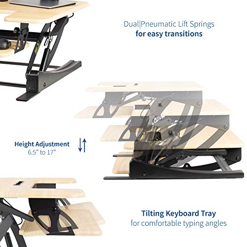 Image of VIVO 36 inch Height Adjustable Stand Up Desk Converter, V Series, Quick Sit to Stand Tabletop Dual Monitor Riser Workstation, Light Wood Top, Black Frame, DESK-V000VO | Height Adjustable, Stand Up Desk Riser, Wide Keyboard Tray, Dual Monitor and Laptop Workstation, Black Frame, V Series