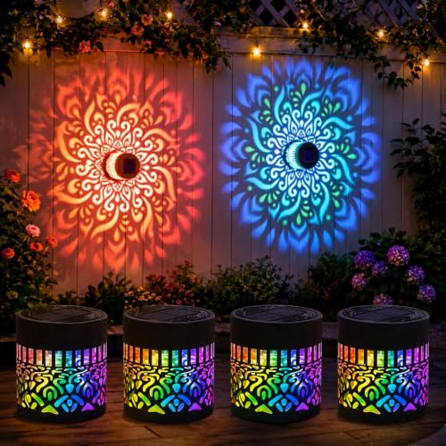 Solar Mandala Lights Outdoor Wall 2026 New Seven-Color Changing Solar Mandala Projector Light Outdoor Waterproof Metal Fence Lights for Garden Post Patio Backyard Yard Decor (4PCS Colorful)