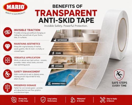 Image of Mario Transparent Anti Skid Tape 50mm x 5m | Clear Anti Slip Safety Grip Tape for Stairs, Tiles, Bathroom, Kitchen & Floor | Waterproof Heavy Duty Self Adhesive Non-Slip Tape Indoor Outdoor Use