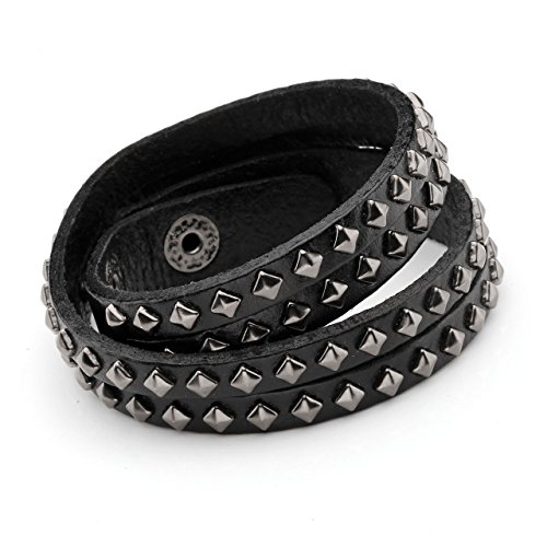 Jovivi Men Women Punk Rock Genuine Leather Multi Layers Spike Studded Rivets Strap Wrap Biker Leather Cuff Bracelet Bangle Wristband, Black2