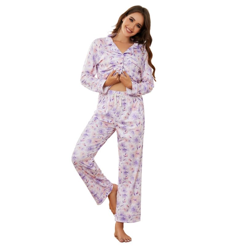 Image of LYCY Womens Pajama Sets Floral Print, Long Sleeve Button Down Pajamas Set for Women Soft Sleepwear Pjs 2 piece Loungewear