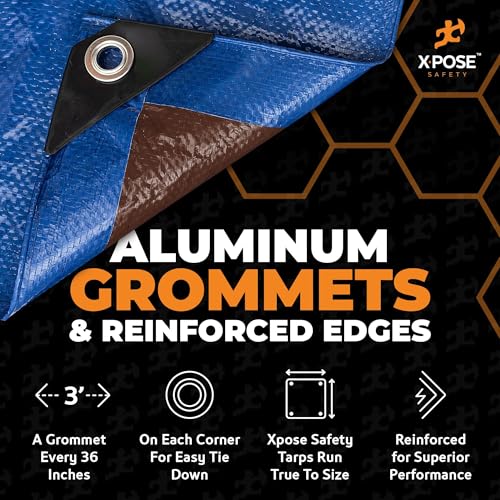 Image of Xpose Safety 12' x 12' Heavy Blue /Brown Tarp - Waterproof - 7 Mil Weatherproof Camping Tarp for Tent, Rain, Wind & Sun - Plastic Tarpaulin Cover Outdoor for Roof, Trailer, RV, Car, Boat
