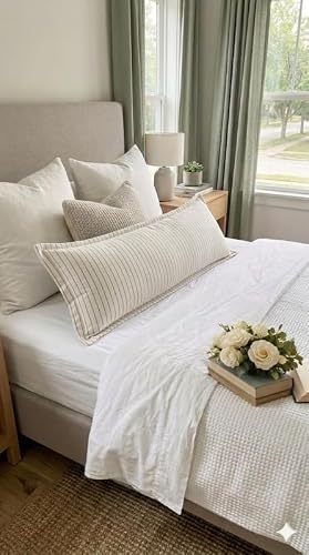 WWW.THROWPILLOW.IN Linen Striped Cushion Cover Off White Black Pinstripe Flanged Edge Minimalist Sofa Cushion Cover Living Room Bedroom Décor Rectangular Full Body Bed Pillow 12x36 Inches