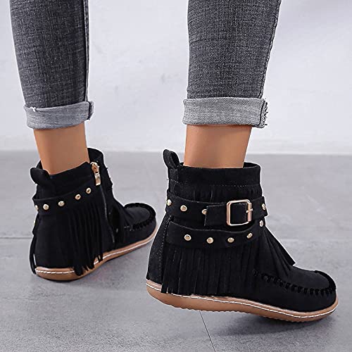 Womenyiaor Women's Fringe Western Cowgirl Boots Ankle Boots Cowboy Boots Suede Tassel Boots Fashion Pull On Short Boots Round Toe Flats Retro Winter Low Heel Booties4