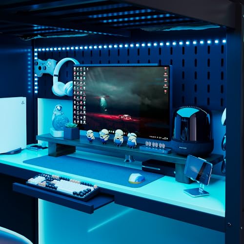 Image of Full Gaming Loft Bed with Wardrobe & Desk & Charging Station & RGB Light,Esports Wood Loft Bed Frame with Storage Shelves,Curtains and DIY Pegboard,Space Saving,No Box Spring Needed,Black Blue