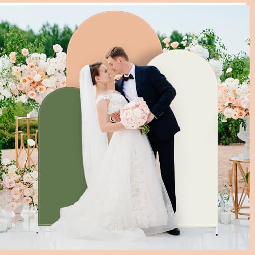 Image of VitalCozy Set of 3 Wedding Arch Cover 6ft, 6.5ft, 7.2ft Fabric Arch Backdrop Cover Double Sided Fitted Spandex for Baby Shower Birthday Party Decoration, Frame Not Included(Beige Green Series)