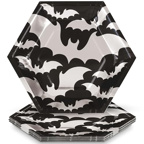 Unique Enchanting Foil Stamped Silver Bats Hexagonal Halloween Dessert Paper Plates (8.25