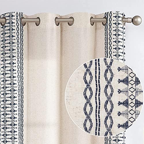 jinchan Boho Curtains Embroidered Window Curtains for Bedroom Linen Curtains Geometry Grommet Bohemian Window Treatment Set for Living Room 50" W x 84" L 2 Panels Blue on Beige