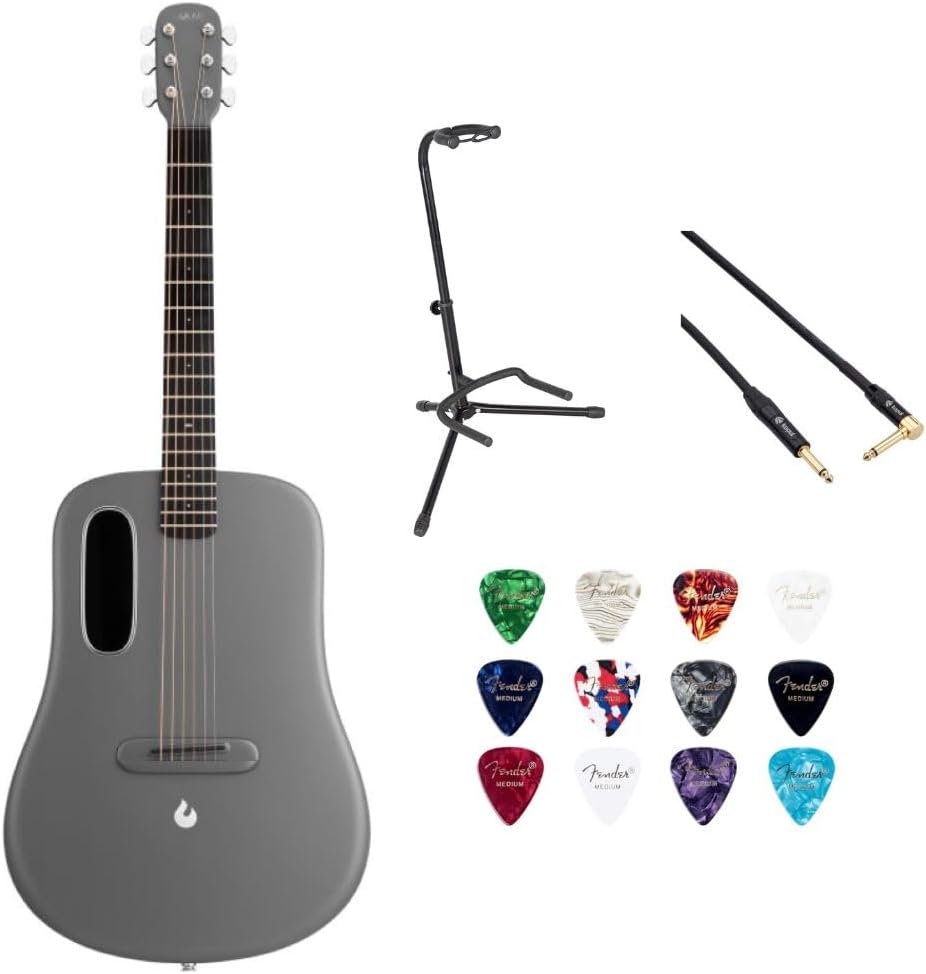LAVA ME 4 Carbon 38" with Airflow Bag Space Grey w/Rok-It Tripod Guitar Stand, Kopul PREM Performance Series Right Angle Cable and Celluloid Guitar Picks Shape Medium 12-Pack Bundle
