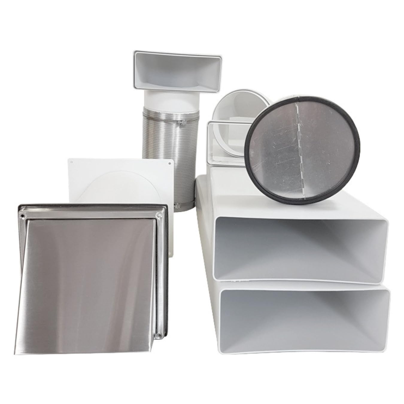 VentilationNord Mauerkasten Set mit Mauerkasten 150, Kanal-Set, Flachkanal-Anschluss, Wetterschutz-Lüftungsgitter ohne Lamellen (Haube), Insektenschutz & Teleskoprohr Ø 150 | Mauerdurchführung Set