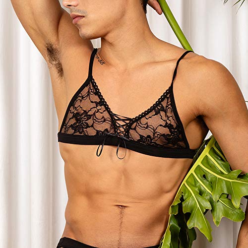 Secret Male Fitted Lace Bra for Men, Slim Mens Tank Top Shirts with Sheer Fabric, Wire-Free Support3