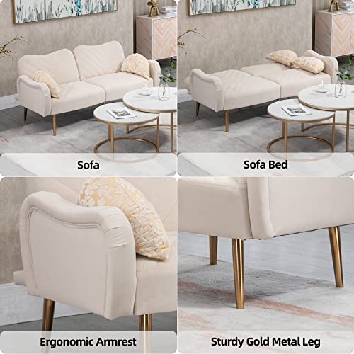 Homtique Futon Sofa Bed, Convertible Sleeper Sofa With 2 Bolster Pillows, 64.9" W, Modern Upholstered Small Splitback Loveseat Sofa For Living Room, Bedroom, Dorm, Office, Beige #TOP7
