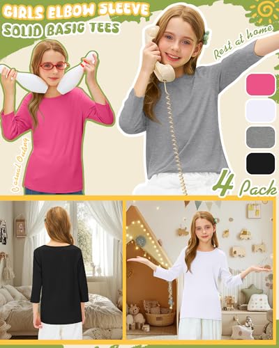 Image of 4 Pack Girls 3 /4 Sleeve T Shirts Kids Crewneck Elbow Sleeve Casual Tops Solid Basic Cute Teen Tees 5-14Y