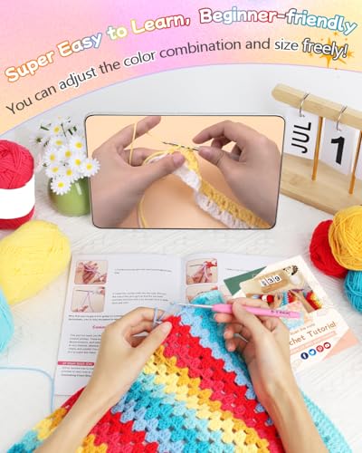 Image of Aeelike Crochet Blanket Kit for Beginners, Rainbow Gradient Granny Squares Blanket, 44PCS Complete Starter Crochet Kit w Beginner Friendly Instructions Easy Learn Videos Tutorials Enough Yarn