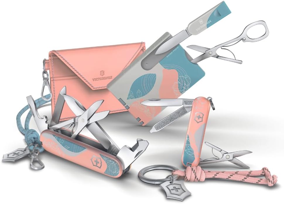 VICTORINOX Swiss Card Classic 10 Functions, Made in Switzerland, Multi-purpose for Women, in Card Holder with Key Ring, Paris Style (Pink, Blue)