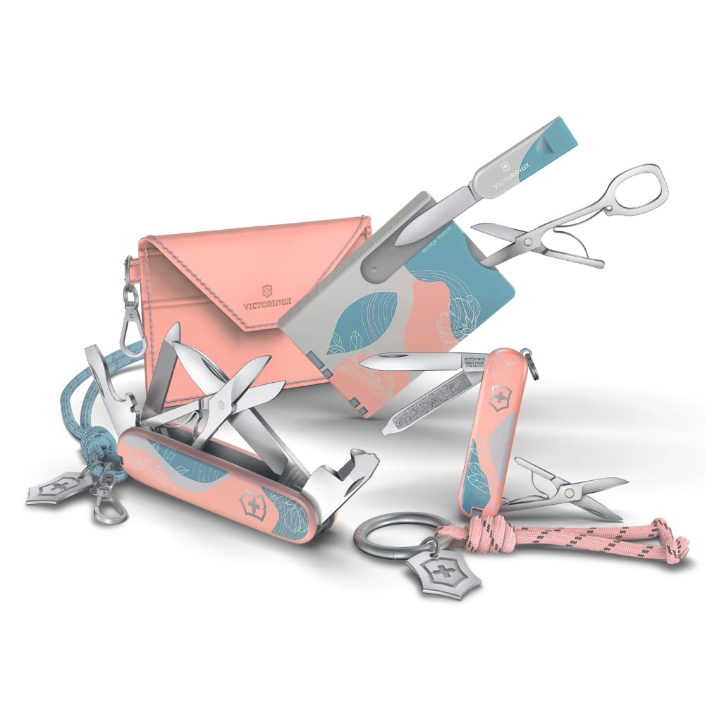 Victorinox Swiss Card Classic, 10 funciones, Hecha en Suiza, multiherramienta para mujer, incl. tarjetero con llavero, Paris Style (rosa, azul)