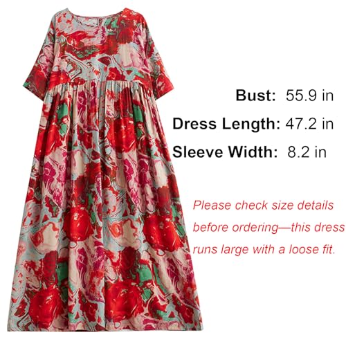 Oversized Dress for Women Summer Vacation Flowy Floral Print Round Neck Short Sleeve Plus Size Boho Dress with Side Pockets3
