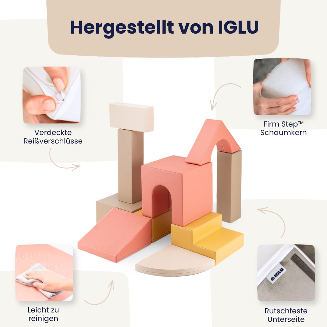 IGLU SOFT PLAY Baby Gym 10-teiliges Kletterset (Pastel Autumn) | Firm Step Schaumstoff | Veganes Leder | CE-zertifiziert | Fördert Motorik & Kreativität | Leicht zu Reinigen | Leicht
