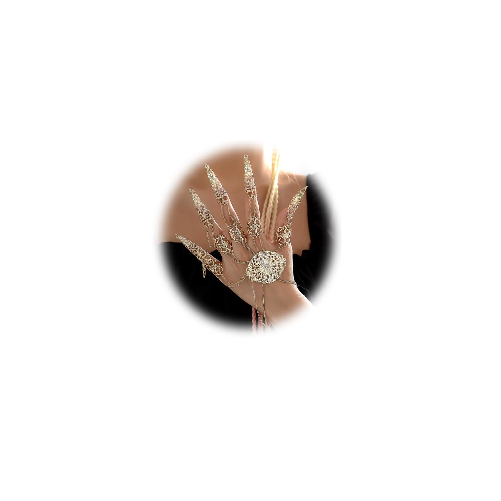 LirgoriyBracelet with Finger Nails Gold Finger Nail Tip Claw Rings Hollow Pattern,Ancient Queen Finger Claws for Women Halloween Cosplay Indian Belly Dance Decoration Accessory (Gold)