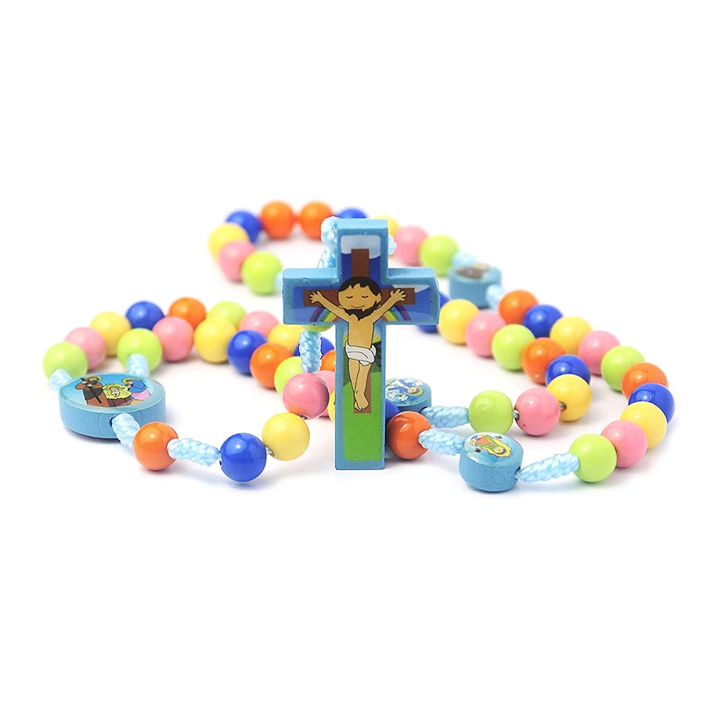Kimu Collar de rosario con colgante de cruz de Jesús, joyería religiosa para niños y niñas, 8mm, Madera, Perla