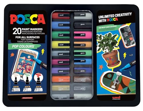 POSCA 186832 - Set de marqueurs POSCA, 20 stylos acryliques dans un étui, set de marqueurs Pop Colours, pointe PWE5M 1,8-2,5 mm