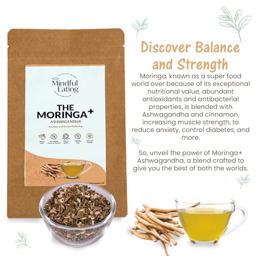 Image of Mindful Eating Pure Moringa Leaves Tea Blended with Ashwagandha - Herbal Tea, Natural Ingredients, Dried Drumstick Tree Leaves, Immunity Booster, Caffeine-free, 70g