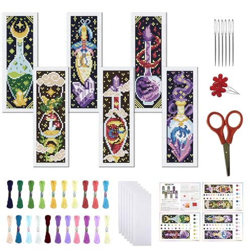 Image of FREEBLOSS 6pcs Potion Cross Stitch Bookmark Kit 11CT Stamped Cross Stitch Kit DIY Embroidery Bookmarks Set with Felts Backing Instructions for Adult Beginners 8 inchx2.4 inch