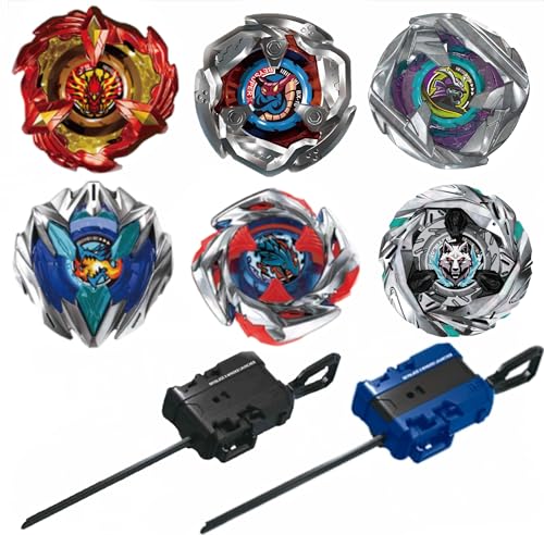 Cunjxtan Battle Burst Spinning Tops Set 6 Metal Fusion Gyro Tops & 2 Two-Way Launcher Grips for Kids, Boys Ages 6-12 Battling Arena Game Toys Gift for Birthday (CA01-6BB)