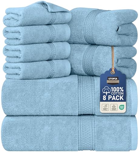 Utopia Towels 8 Piece Luxury Towel Set – Majestic Plush, Super Absorbent & Quicker-to-Dry, Thick 100% Ring Spun Cotton Towels for Bathroom, Spa & Hotel – 2 Bath, 2 Hand, 4 Washcloths, Sky Blue
