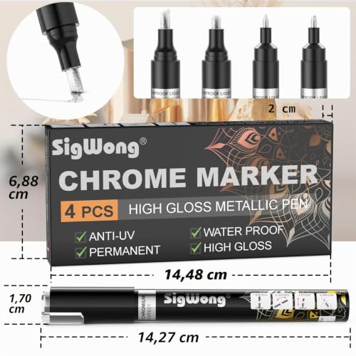 SigWong Marqueurs Acrylique Métallique, 4Pcs Feutre Peinture Permanent, Imperméable et Réfléchissant, Stylo Chrome Liquide Permanent et Brillant pour Peinture Résine - Argent – vue 7