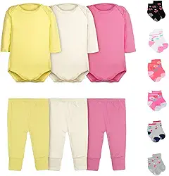 Kit 12 Peças Body Bebê Menina Manga Longa Calça Mijão e Meias