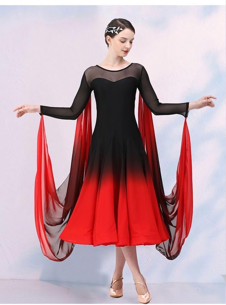 HEARTTOUCH Women's Gradient Ballroom Dance Competition Dress Modern Waltz Tango Standard Dress Elegant Performance Costumes