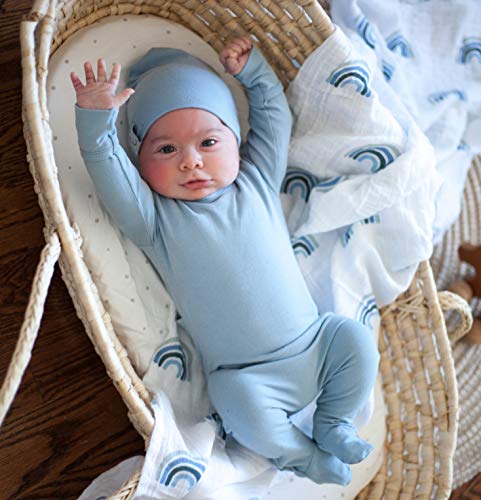 Image of Ely's & Co. Cotton Muslin Swaddle Blanket 2-Pack for Baby Boy - 100% Cotton Muslin Extra-Large Swaddle Blankets (47 inch x 47 inch) Blue Rainbows | Blue Stripes