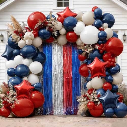 Image of Navy Blue Red Balloon Garland Double Stuffed Red White Blue Balloons Nude Cream Sand Latex Arch Kit for Patriotic Birthday Baby Shower Baseball 4th of July Graduation New Year Party Decorations